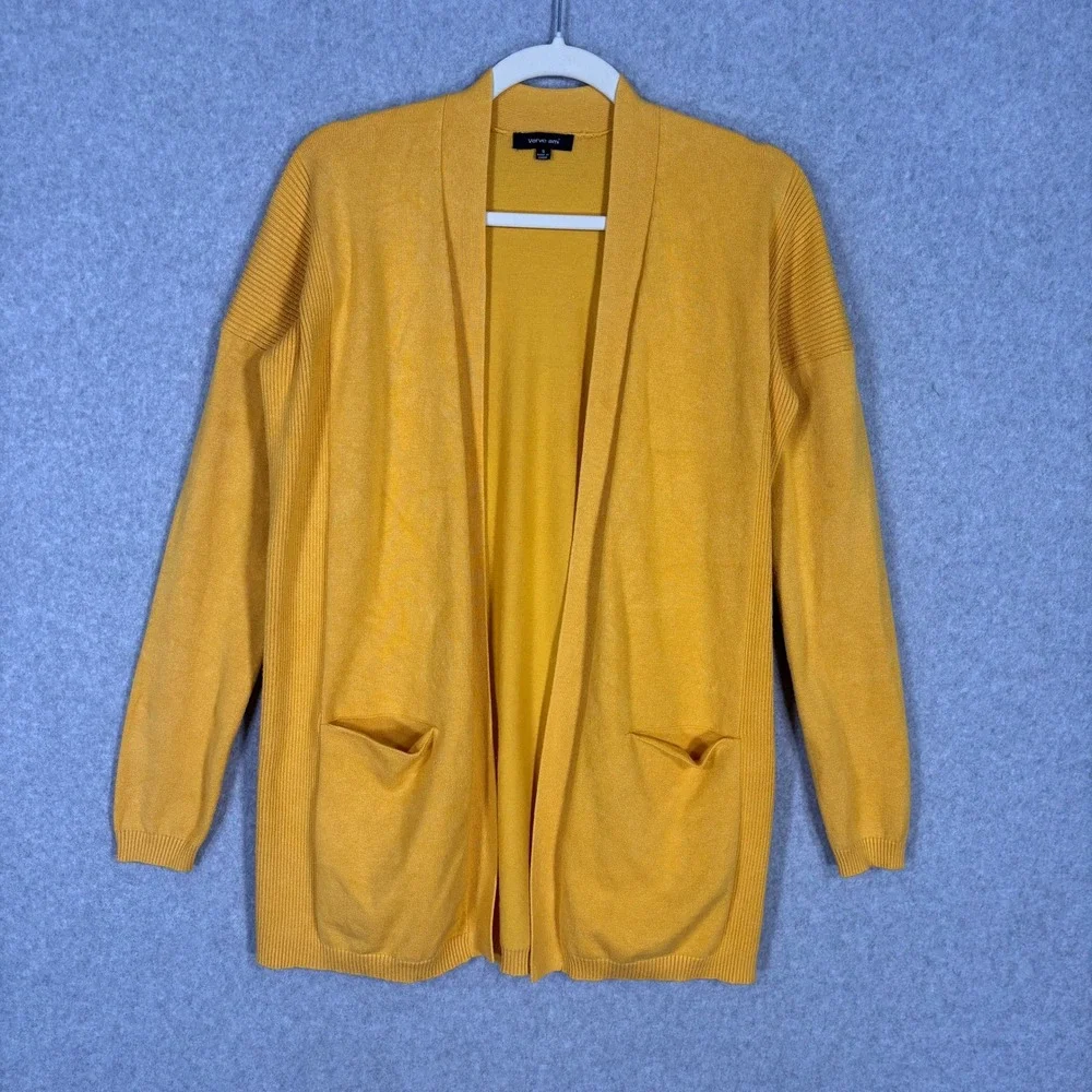 Verve Ami Cardigan Sweater Small Mustard Open Pockets Lounge Comfy Soft Thin